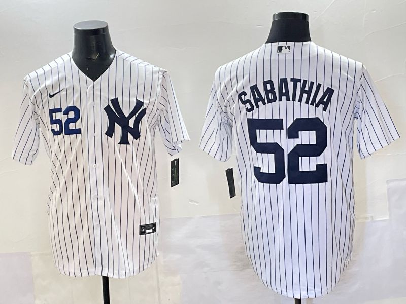 Men New York Yankees #52 Sabathia White Stripe Nike MLB 2025 Jersey 04